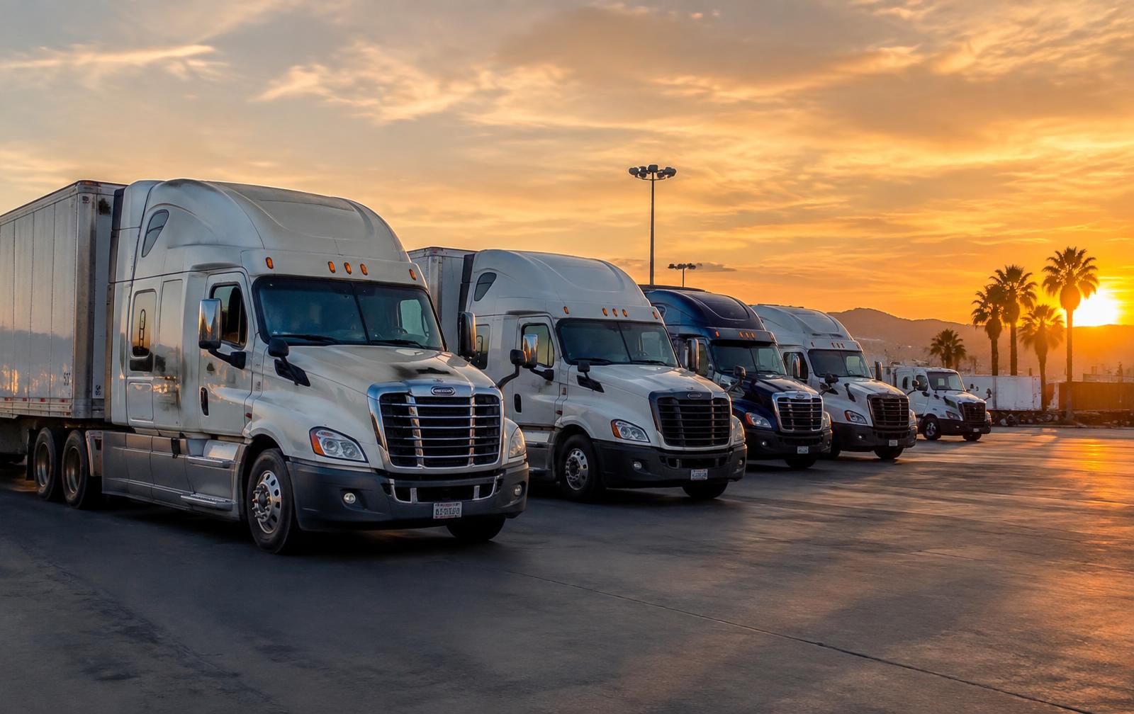 Fleet of semi-trucks at a Southern California logistics yard