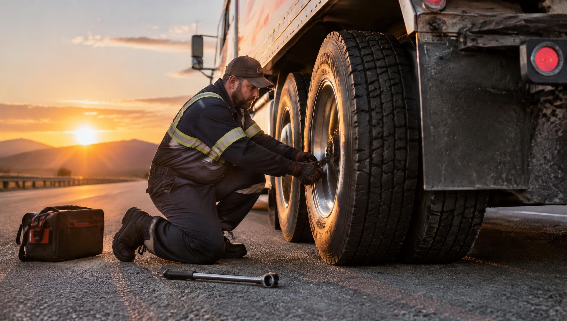 Technician servicing a semi-truck tire on the roadside